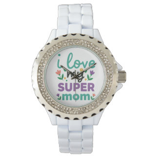 Relógio Sparkling Diamond Bezel Super Mom White Link Watch