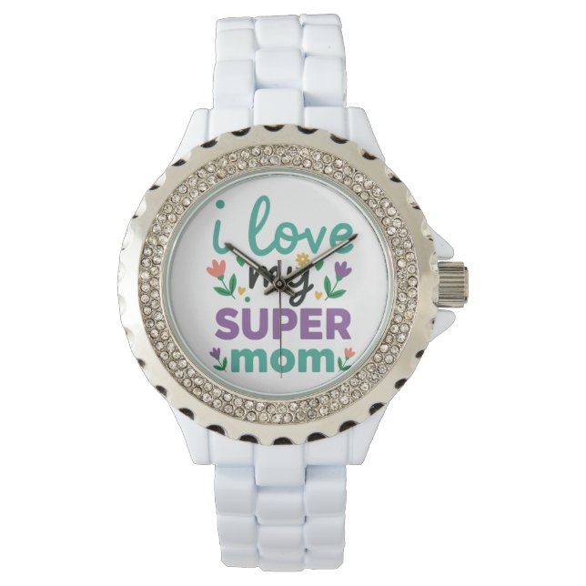 Relógio Sparkling Diamond Bezel Super Mom White Link Watch (Frente)