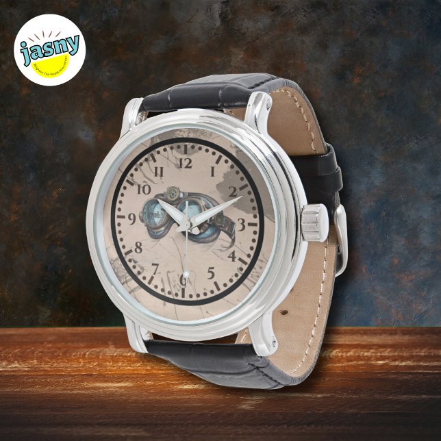 Relógio Steampunk Gogggggggggggg Black Leather Watch (Criador carregado)