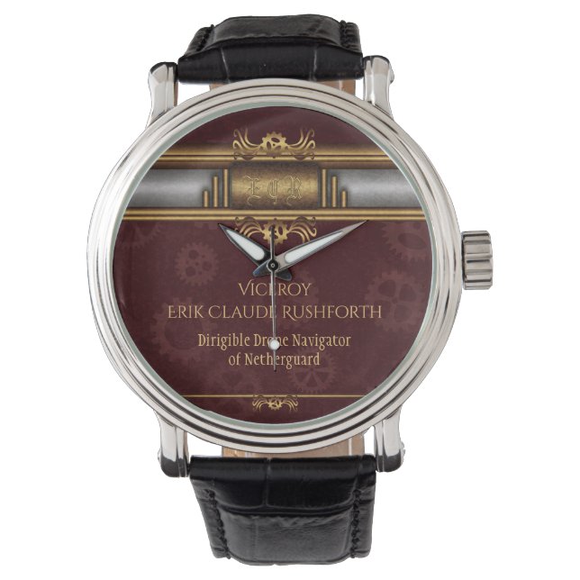 Relógio Steampunk, latão em rodas de marroons, Monograma (Frente)