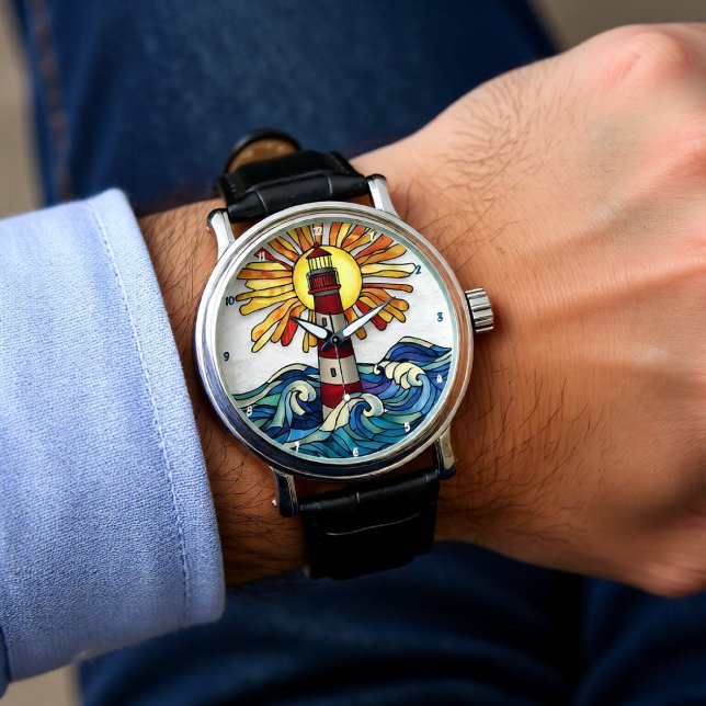 Relógio Striking Lighthouse Sun Ocean Waves (Criador carregado)