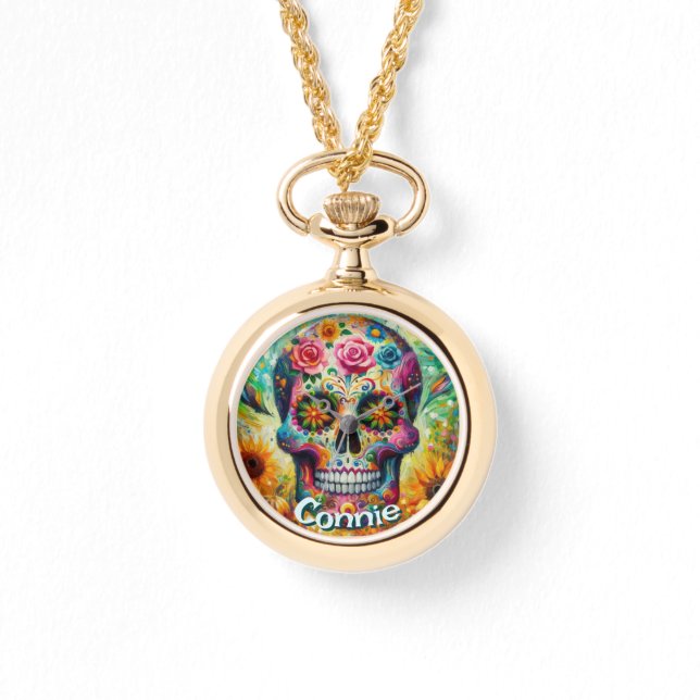 Relógio Sugar Skull Day of the Dead Floral Personalized (Frente)