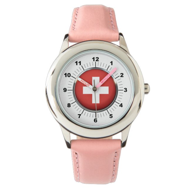 Relógio Suiça da criança - Vigia da correia rosa do couro (Frente)