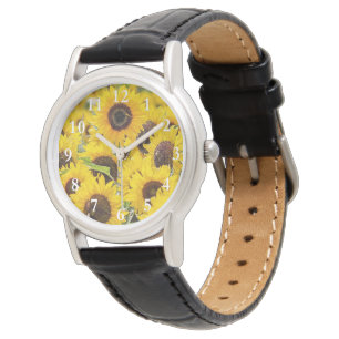 Relógio Sunflower on Women's Black Leather Strap Watch