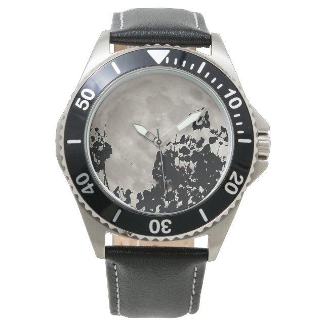 Relógio Superlua atrás das folhas pretas (Frente)