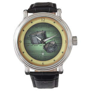 Relógio Tambores Simples ~ Música Folha ~ Tela Verde/Fund