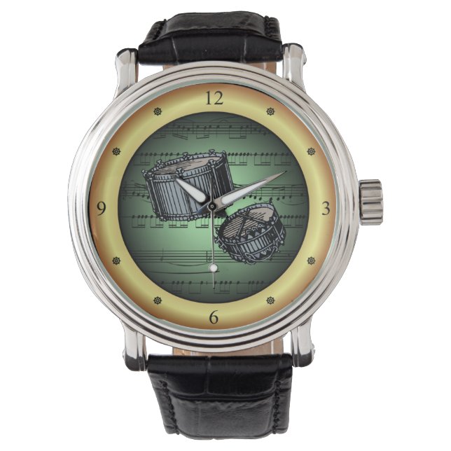 Relógio Tambores Simples ~ Música Folha ~ Tela Verde/Fundo (Frente)