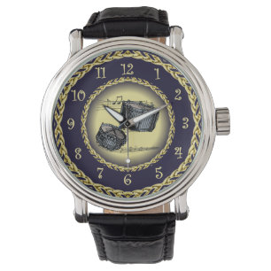 Relógio Tambores Simples ~ Rolagem Musical ~ Dourado/Marin