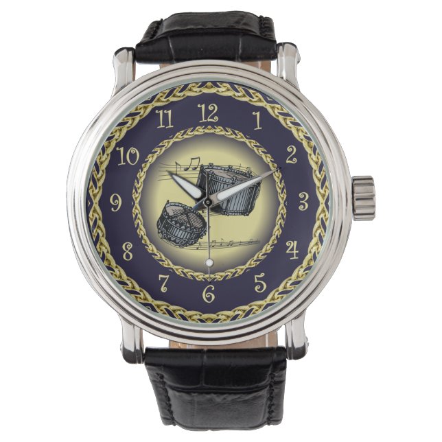 Relógio Tambores Simples ~ Rolagem Musical ~ Dourado/Marin (Frente)