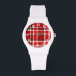 Relógio Tartan da Xadrez branca vermelha<br><div class="desc">Esta design vermelha e branca tem um padrão repetitivo verificado / tartan que é texturizado levemente. É um padrão brilhante de xadrez na moda.</div>