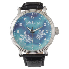 Relógio Tartarugas brancas no oceano azul Aquarela Seu nom