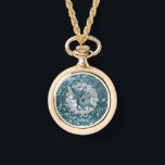 Relógio Teal Faux Glitter & Seashell<br><div class="desc">Beautiful gold watch necklace featuring Teal Faux glitter & Seashell design</div>