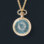 Relógio Teal Faux Glitter & Seashell<br><div class="desc">Beautiful gold watch necklace featuring Teal Faux glitter & Seashell design</div>
