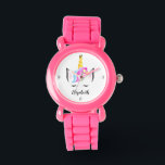 Relógio Tempo Encantado: Incrível Gliteria Personalizada d<br><div class="desc">Aprecie o seu pequeno com o "Tempo Encantado" Personalizado do Unicorn Watch, um presente perfeito para aniversários ou qualquer ocasião especial. Este encantador relógio apresenta um monocórnio balançado no arco-íris, adornada com uma coroa, sotaques florais e lascas bonitinhas e sonolentas, colocadas sobre um fundo rosa brilhante. Projetado com crianças em...</div>