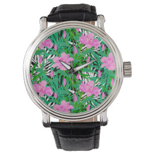 Relógio Teste padrão tropical com flores da selva