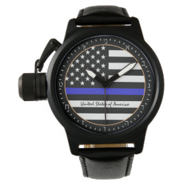 Relógio Thin Blue Line e polícia de bandeira americana / H