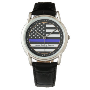 Relógio Thin Blue Line e polícia de bandeira americana / H