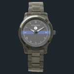 Relógio Thin Blue Line Serviceman Watch<br><div class="desc">Um elegante monograma preto, branco, com listras azuis com um ponto para o nome do seu receptor de presente e monograma inicial de sobrenome. Um presente de excelente para qualquer pessoa que faça parte da força policial, atualmente servindo ou aposentado.</div>