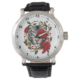 Relógio Tigre branco com Rosas vermelhas - Floral de vida