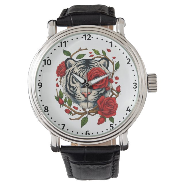 Relógio Tigre branco com Rosas vermelhas - Floral de vida  (Frente)