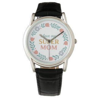 Relógio Timeless Black Leather I Love My Super Mom Watch