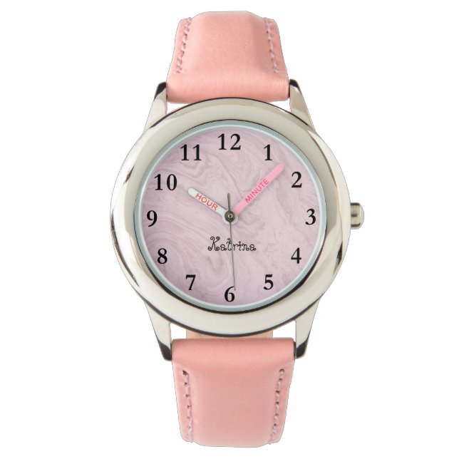 Relógio Tinta-Rosa Marble Personalizado Name Girl Watch (Frente)