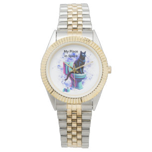 Relógio Toilet de Gato Negro Cósmico - Arte Surreal Vaporw