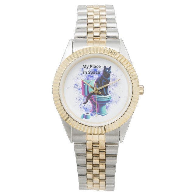 Relógio Toilet de Gato Negro Cósmico - Arte Surreal Vaporw (Frente)