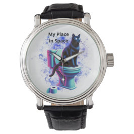 Relógio Toilet de Gato Negro Cósmico - Arte Surreal Vaporw