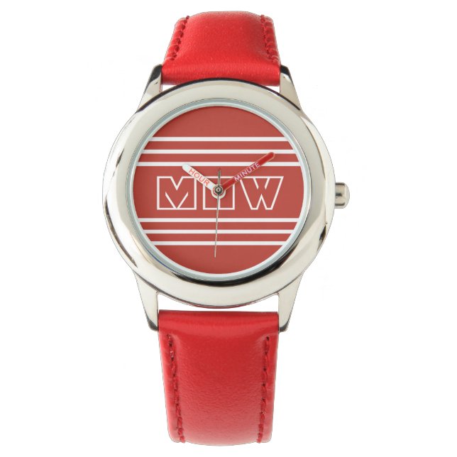 Relógio Tomate Red Stripes monogramas personalizados (Frente)