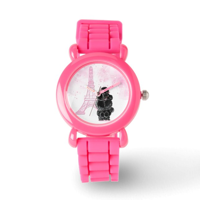 Relógio Torre Eiffel Cor-de-Rosa Pink de Poodle Preto Retr (Frente)