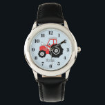 Relógio Trator de Fazenda Vermelha do Menino com Crianças<br><div class="desc">Este design bonitinho é parte de uma coleção com rabiscos de transporte bonitos para roupa e acessórios para crianças. O design apresenta um trator vermelho colorido desenhado à mão em azul, e pode ser personalizado com o nome do seu filho. Perfeito para uma fazenda e um trator amando crianças primeiro...</div>