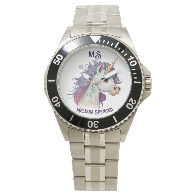 Relógio Trendy Girls'Elegante Purple Magical Unicorn Name (Frente)
