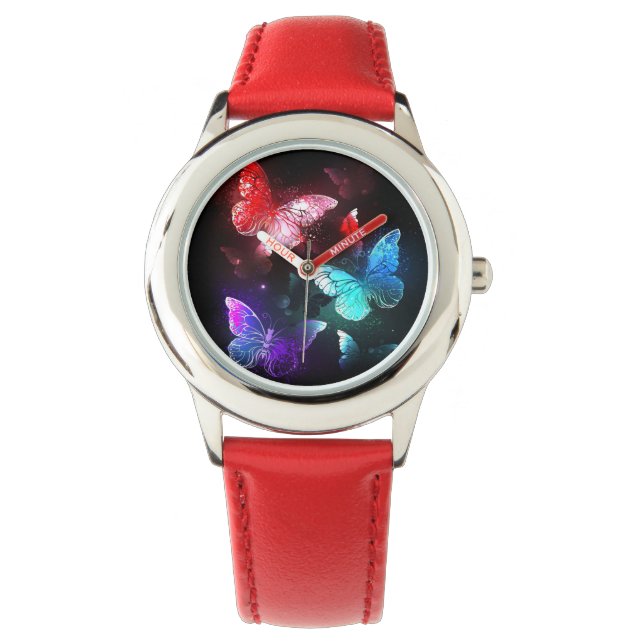 Relógio Três Borboletas brilhantes sobre o fundo noturno (Frente)