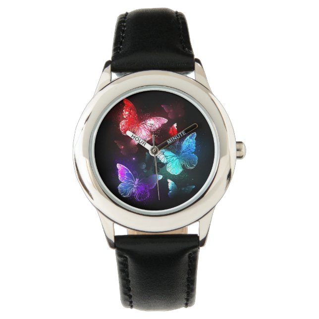 Relógio Três Borboletas brilhantes sobre o fundo noturno (Frente)