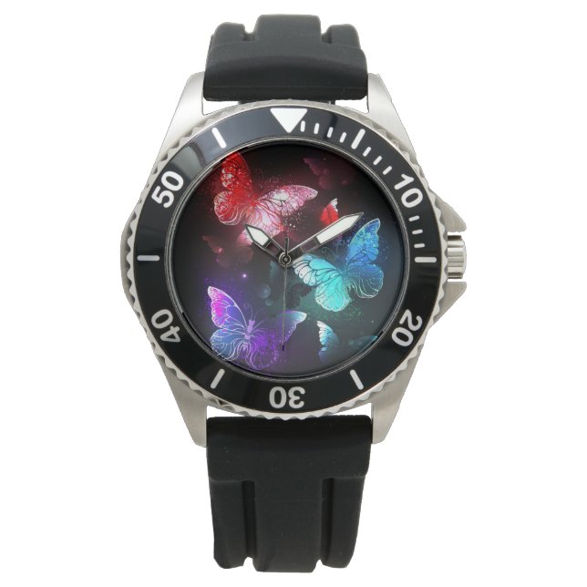 Relógio Três Borboletas brilhantes sobre o fundo noturno (Frente)