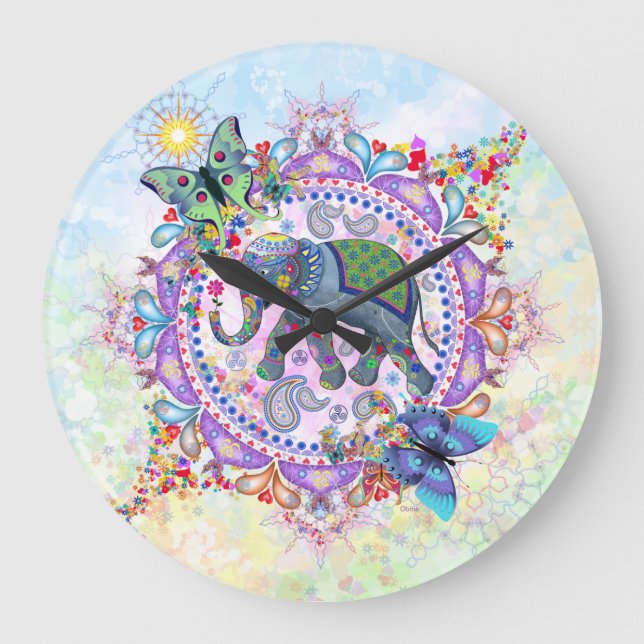 relógio Tribal Henna Elephant grande (Frente)