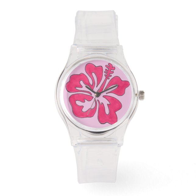Relógio Tropical Havaiana Hibiscus Flower Watch - Rosa (Frente)
