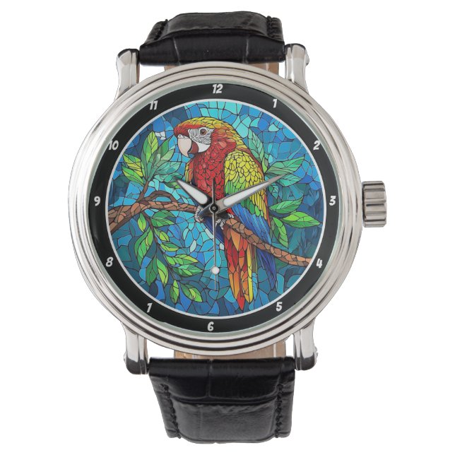 Relógio Tropical Radiance" - Stained Glass Macaw (Frente)