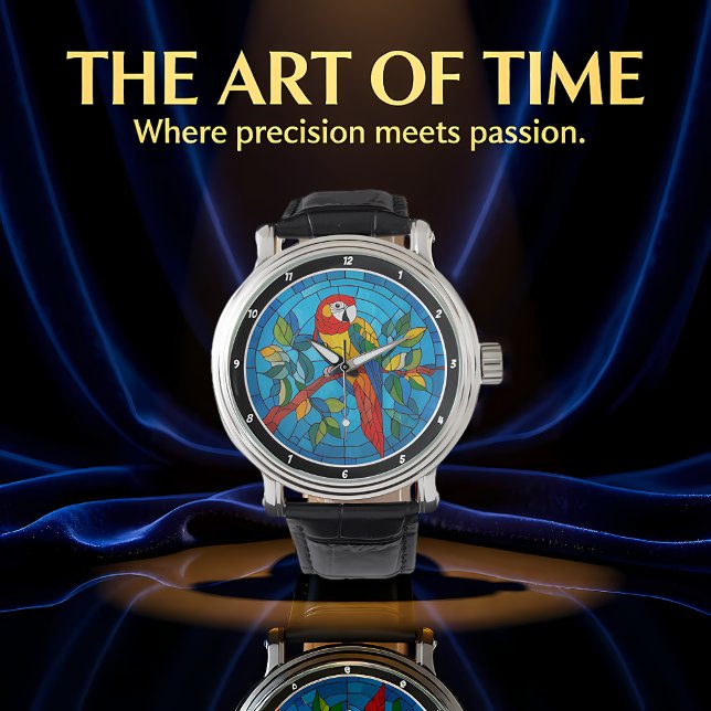 Relógio Tropical Splendor" - Stained Glass Parrot Wall (Criador carregado)