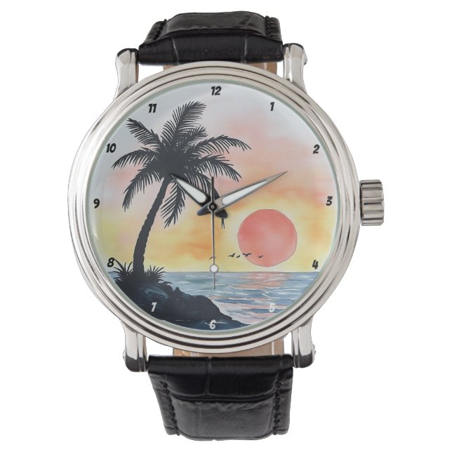 Relógio Tropical Sunset Ocean Scene with Palm Trees (Frente)