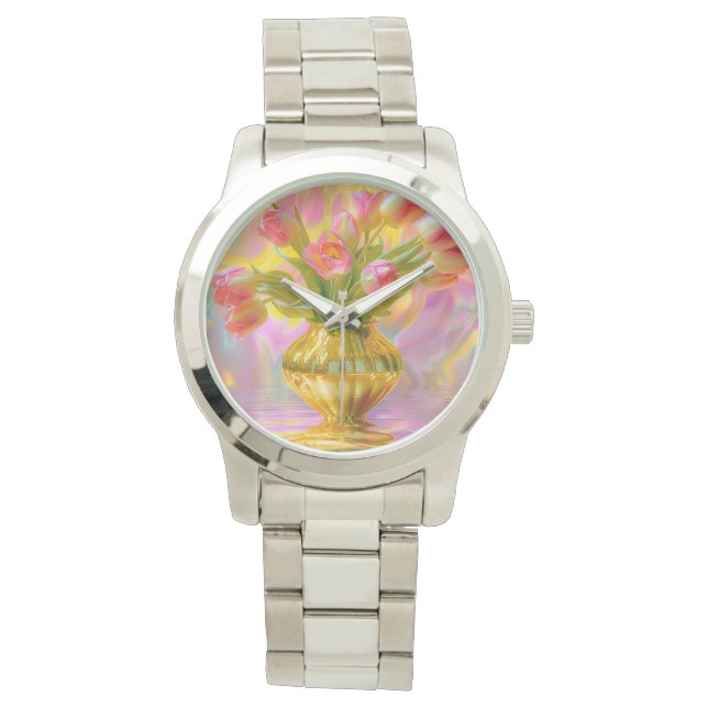Relógio Tulipas Rosa Vibrantes em Vase Ouro (Frente)