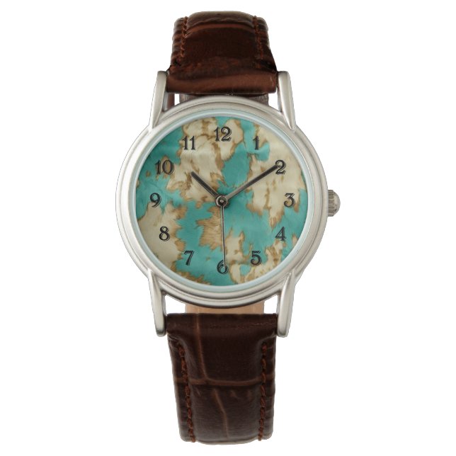 Relógio Turquoise Brown Cream Animal Cowhow Western (Frente)