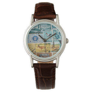 Relógio Turquoise Brown Wristwatch, Postage Stamp Art