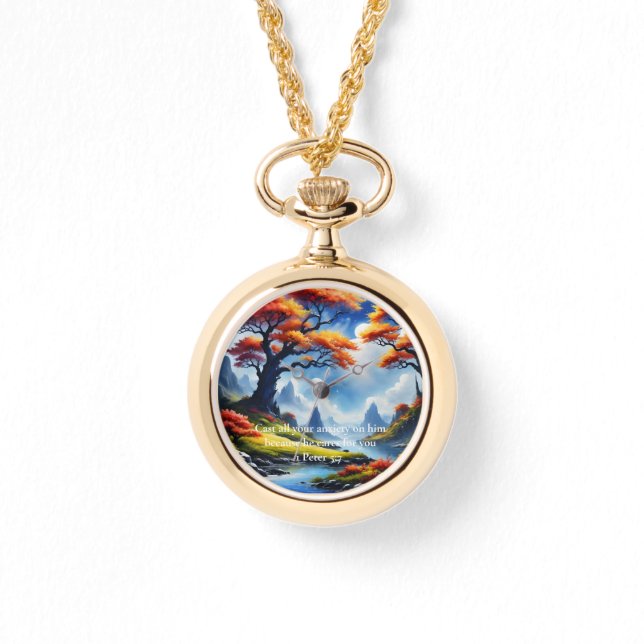 Relógio Uma cruz de 1 Peter 5:7 numa montanha (Frente)