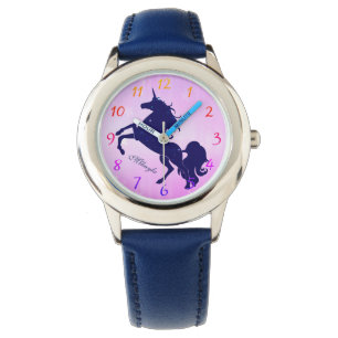 Relógio Unicórnio azul estrelado no rosa