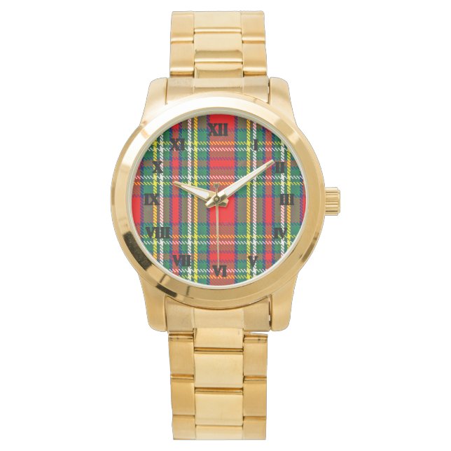 Relógio Unisex Oversize Scottish Xadrez Tartan Dourado Wat (Frente)