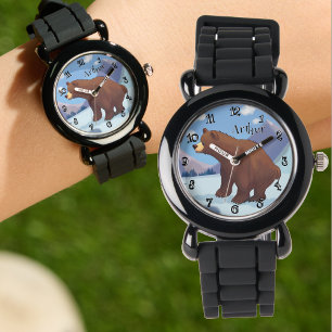 Relógio Urso marrom na montanha Fonte Divertida Personaliz