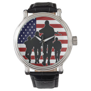 Relógio USA Flag Soldiers Silhout Wrist Watch
