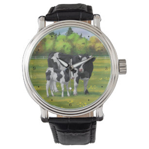 Relógio Vaca Holstein e Vitelo Fresco na Pastagem de Verão